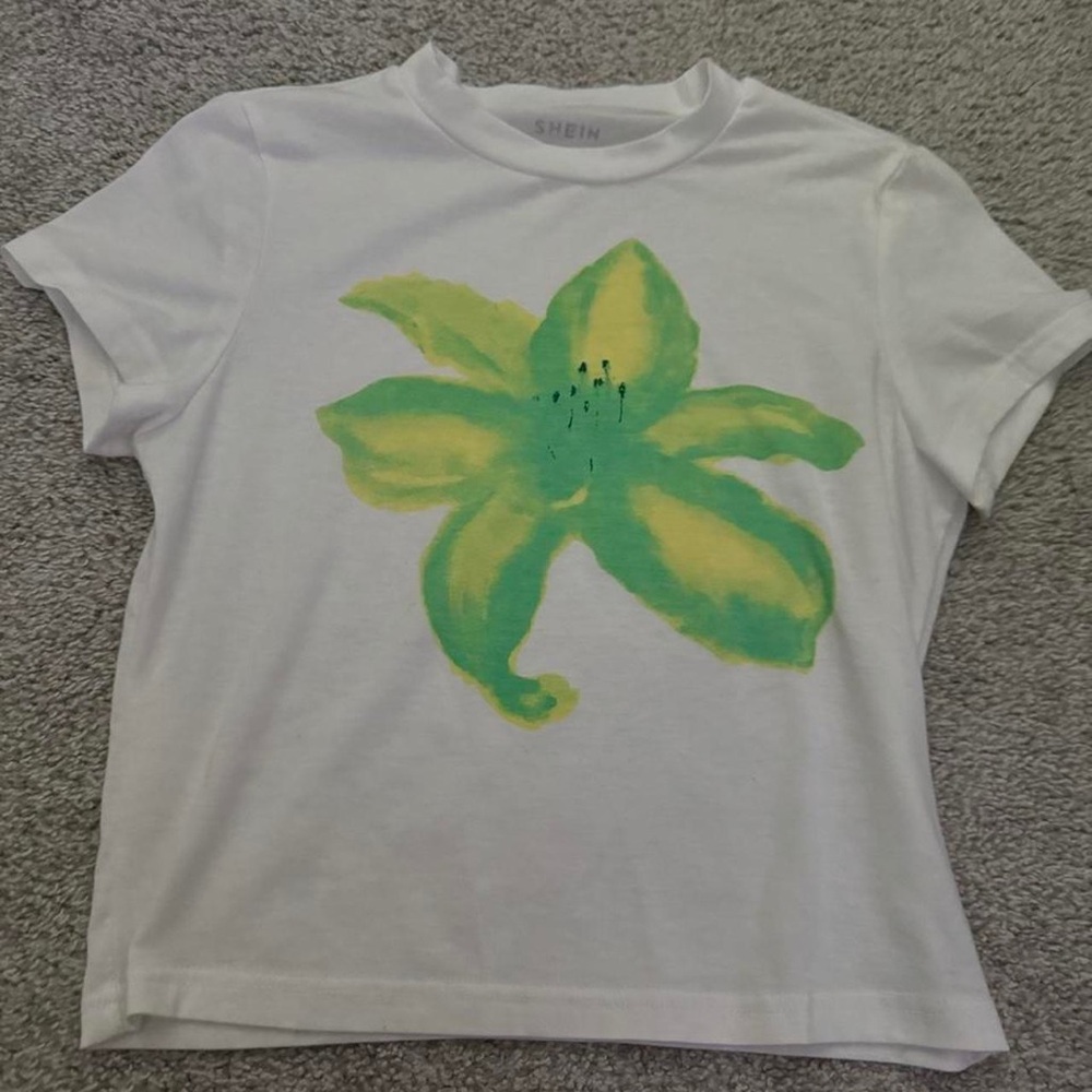 SHEIN White Tee with Green and Yellow Floral Print